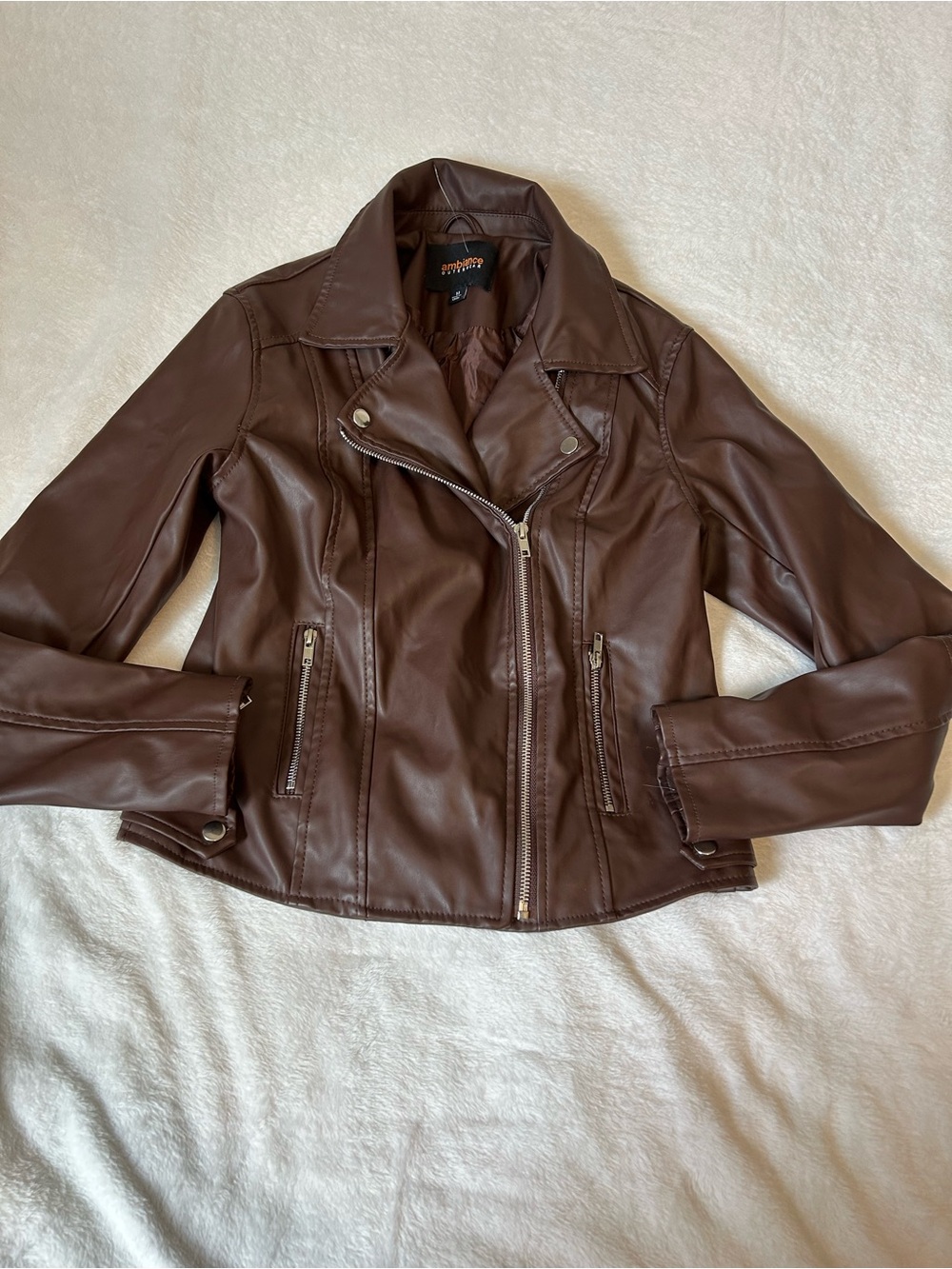 Ambiance Chocolate Brown Faux Leather Moto Jacket